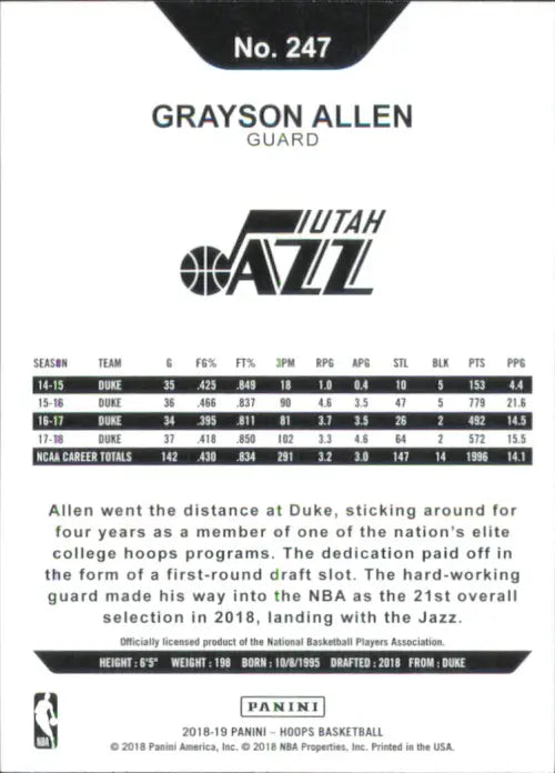 2018-19 Hoops Winter #247 Grayson Allen Rookie Utah Jazz Basketball Card NM-MT