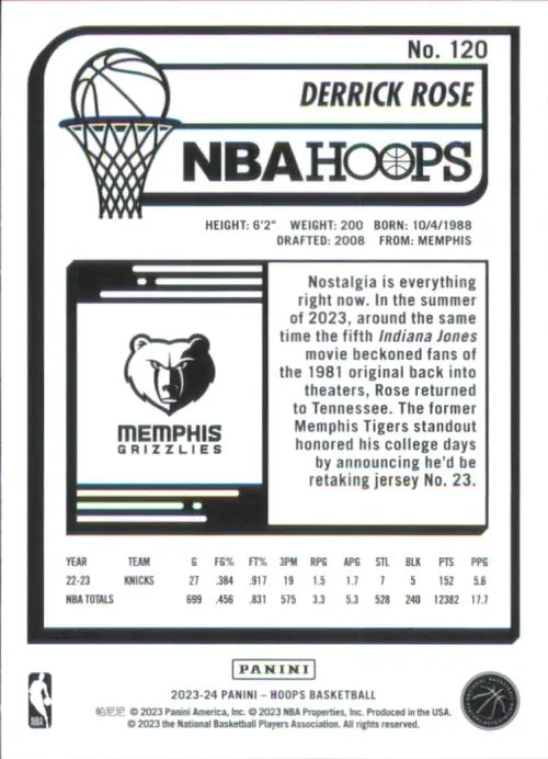 2023-24 Hoops Purple Winter #120 Derrick Rose Memphis Grizzlies Basketball NM-MT