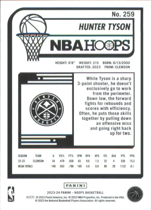 2023-24 Hoops Winter #259 Hunter Tyson Rookie Denver Nuggets Basketball NM-MT