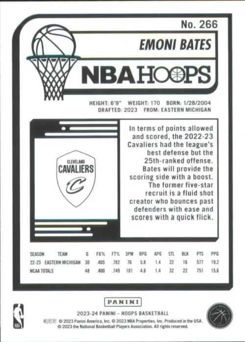 2023-24 Hoops Winter #266 Emoni Bates Rookie Cleveland Cavaliers Card NBA NM-MT