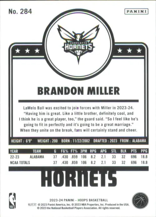 2023-24 Hoops Winter #284 Brandon Miller Rookie Charlotte Hornets Card NBA NM-MT