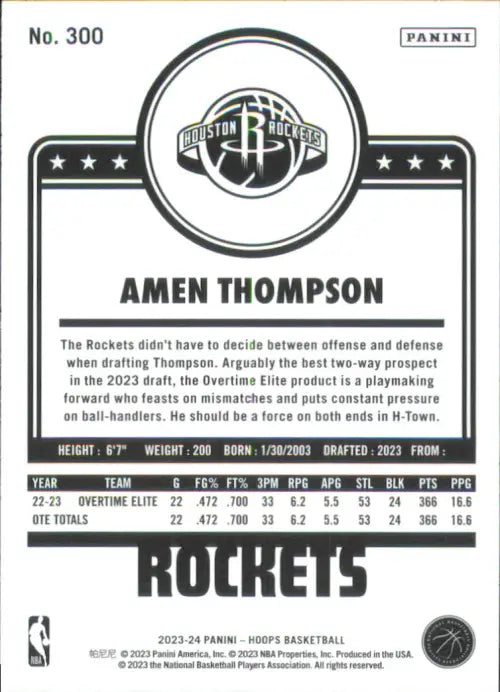 2023-24 Hoops Winter #300 Amen Thompson Rookie Houston Rockets Basketball NM-MT