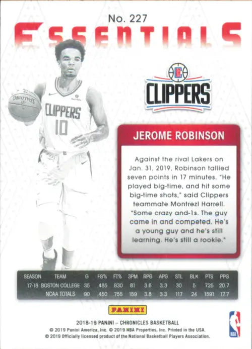 2018-19 Panini Chronicles #227 Jerome Robinson Rookie Essentials Clippers NM-MT