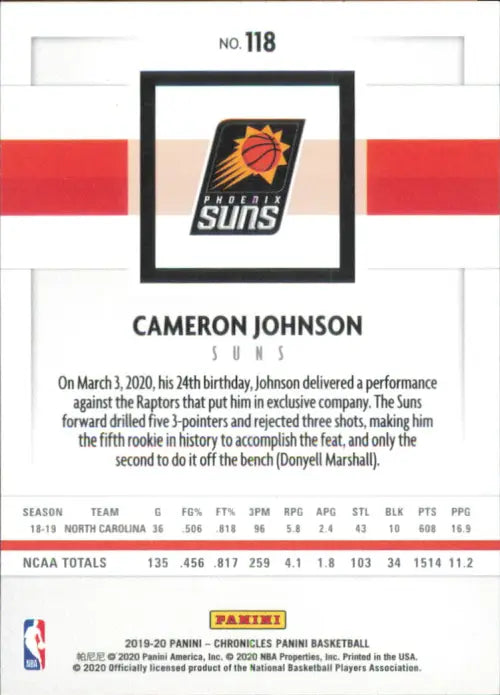 2019-20 Panini Chronicles #118 Cameron Johnson Rookie Panini Phoenix Suns NM-MT