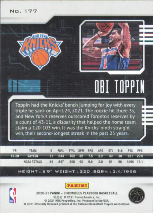 2020-21 Panini Chronicles #177 Obi Toppin Rookie Playbook New York Knicks NM-MT