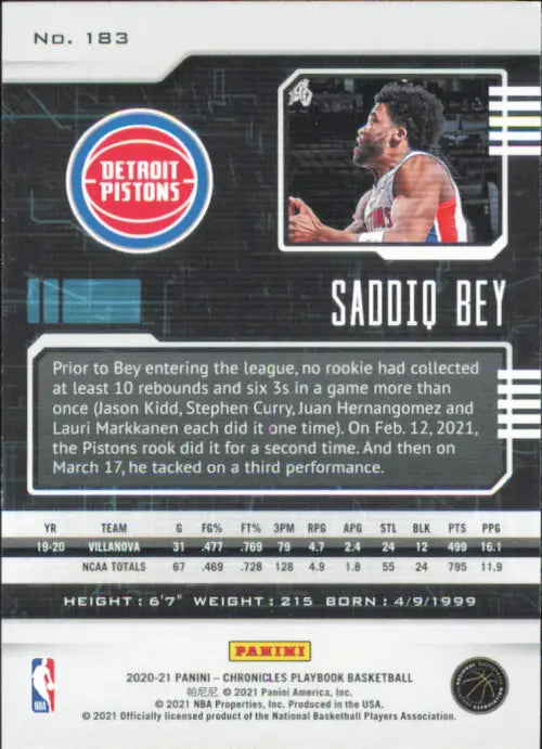 2020-21 Panini Chronicles #183 Saddiq Bey Rookie Playbook Detroit Pistons NM-MT