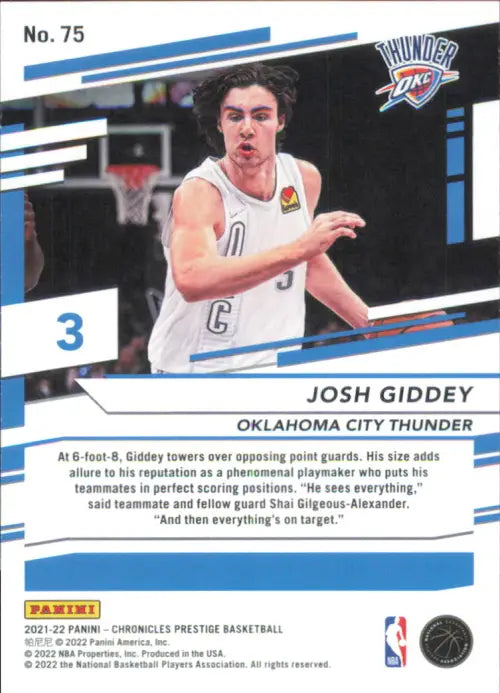 2021-22 Panini Chronicles #75 Josh Giddey Prestige Rookie OKC Thunder Card NM-MT