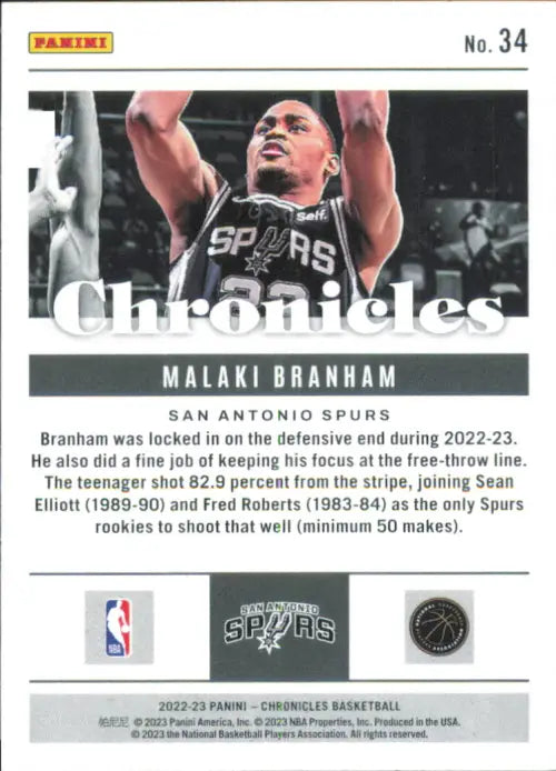 2022-23 Panini Chronicles #34 Malaki Branham Rookie San Antonio Spurs Card NM-MT