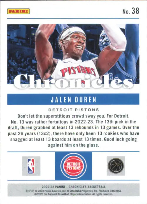 2022-23 Panini Chronicles #38 Jalen Duren Rookie Detroit Pistons Card NBA NM-MT