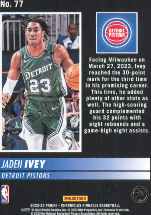 2022-23 Panini Chronicles #77 Jaden Ivey Pinnacle Rookie Detroit Pistons NM-MT