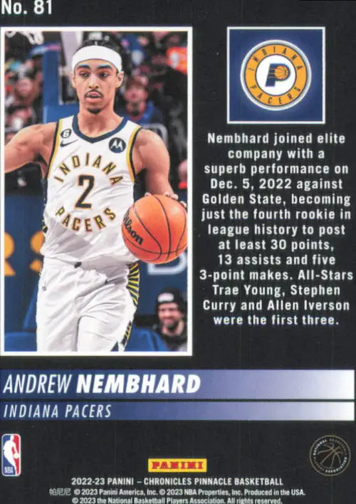 2022-23 Panini Chronicles #81 Andrew Nembhard Pinnacle Rookie Pacers Card NM-MT