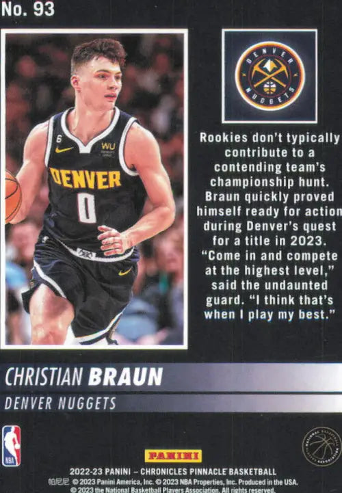 2022-23 Panini Chronicles #93 Christian Braun Pinnacle Rookie Nuggets Card NM-MT