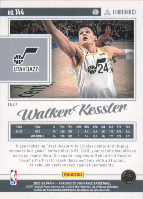 2022-23 Panini Chronicles #144 Walker Kessler Luminance Rookie Utah Jazz NM-MT