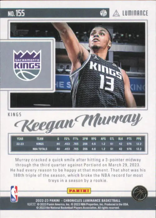 2022-23 Panini Chronicles #155 Keegan Murray Luminance Rookie Kings Card NM-MT