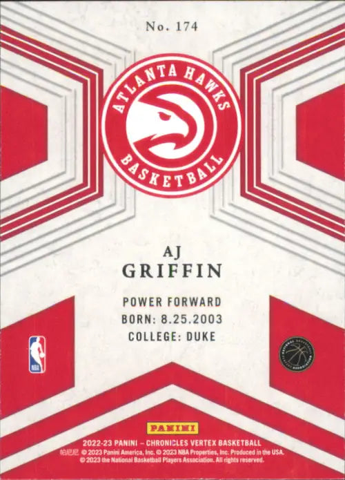 2022-23 Panini Chronicles #174 AJ Griffin Vertex Rookie Atlanta Hawks Card NM-MT