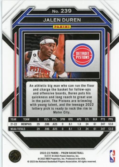 2022-23 Panini Prizm #239 Jalen Duren Rookie Detroit Pistons Basketball NM-MT