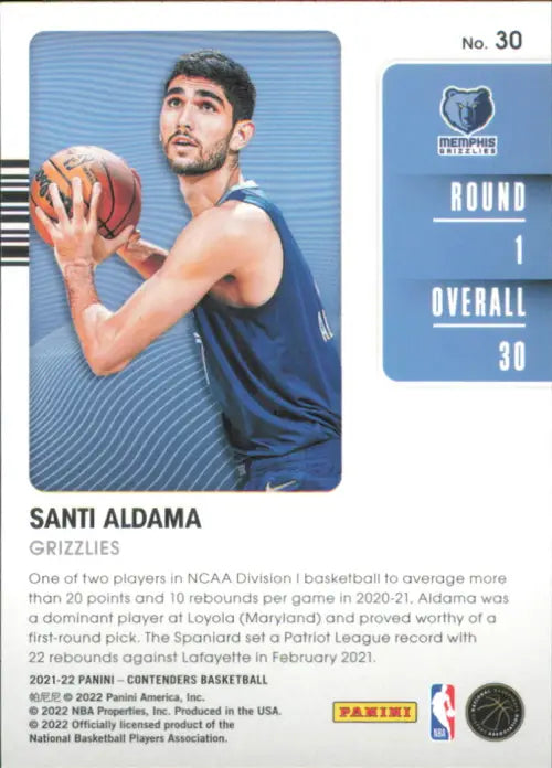 2021-22 Panini Contenders 21 Draft Class #30 Santi Aldama Rookie Grizzlies NM-MT