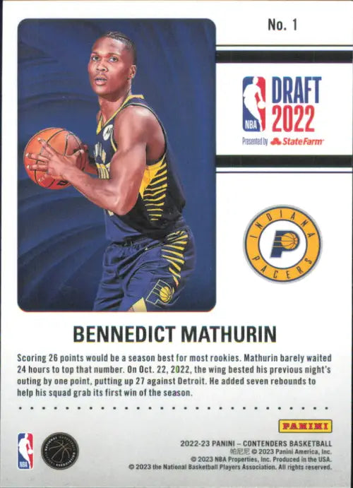 2022-23 Panini Contenders Draft Class #1 Bennedict Mathurin Rookie Pacers NM-MT