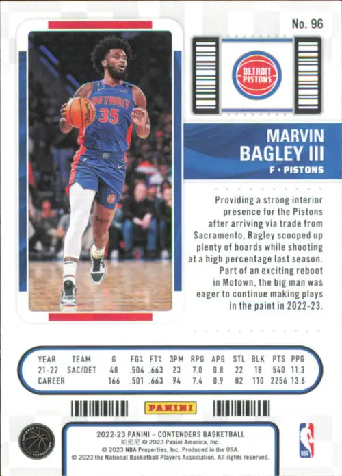 2022-23 Panini Contenders Game Ticket Red #96 Marvin Bagley III Pistons NM-MT