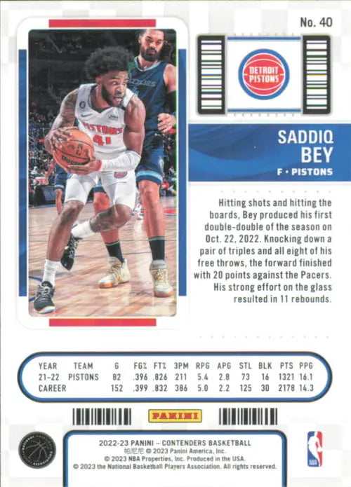 2022-23 Panini Contenders Game Ticket Green #40 Saddiq Bey Detroit Pistons NM-MT