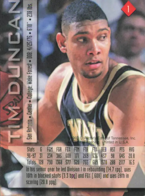 1997 Collectors Edge #1 Tim Duncan Wake Forest Demon Deacons Rookie Card NM-MT