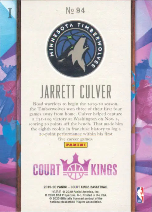 2019-20 Court Kings #94 Jarrett Culver Rookie Minnesota Timberwolves Card NM-MT