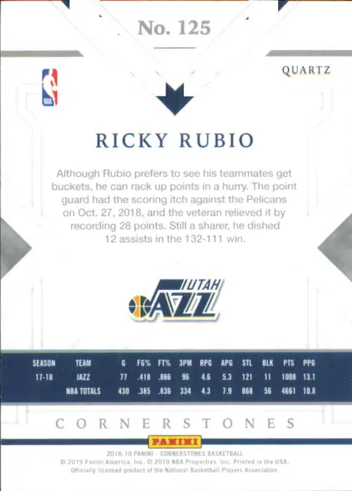 2018-19 Panini Cornerstones Quartz #125 Ricky Rubio /49 Utah Jazz Card NBA NM-MT