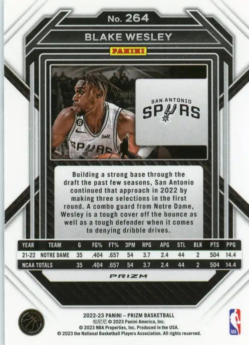 2022-23 Panini Prizm Ice #264 Blake Wesley Rookie San Antonio Spurs Card NM-MT