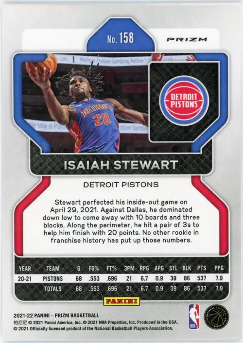 2021-22 Panini Prizm Silver #158 Isaiah Stewart Detroit Pistons Basketball NM-MT