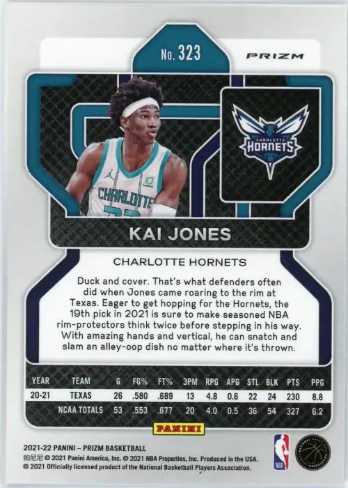 2021-22 Panini Prizm Silver #323 Kai Jones Rookie Charlotte Hornets Card NM-MT