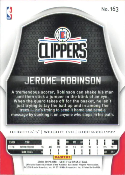 2018-19 Certified #163 Jerome Robinson Rookie Los Angeles Clippers Card NM-MT