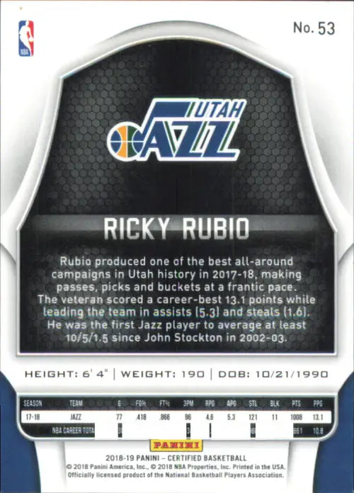 2018-19 Certified Mirror Blue #53 Ricky Rubio /199 Utah Jazz Basketball NM-MT