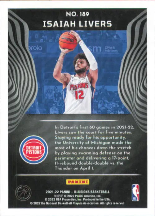 2021-22 Panini Illusions #189 Isaiah Livers Rookie Detroit Pistons Card NM-MT