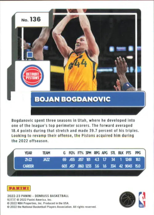 2022-23 Donruss Holo Light Blue Laser #136 Bojan Bogdanovic /25 Pistons NM-MT