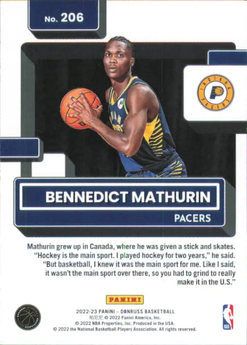 2022-23 Donruss #206 Bennedict Mathurin Rookie Indiana Pacers Basketball NM-MT