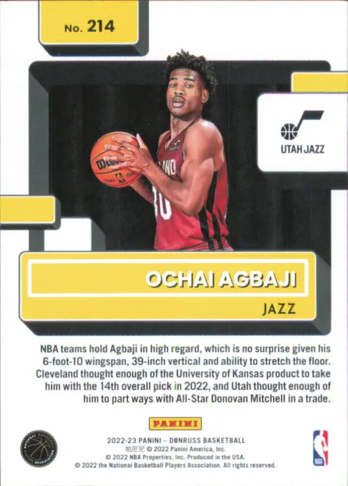 2022-23 Donruss #214 Ochai Agbaji Rookie Utah Jazz Basketball Card NBA NM-MT