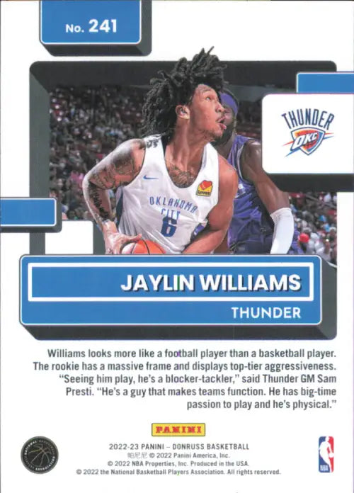 2022-23 Donruss #241 Jaylin Williams Rookie Oklahoma City Thunder Card NBA NM-MT