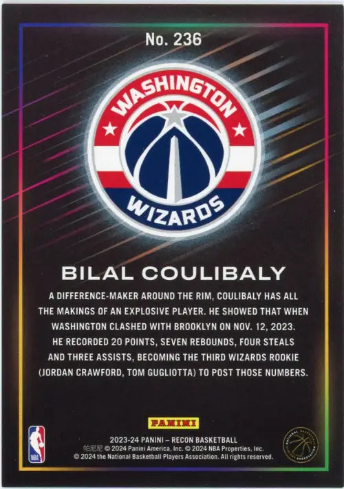 2023-24 Panini Recon #236 Bilal Coulibaly Rookie Washington Wizards Card NM-MT