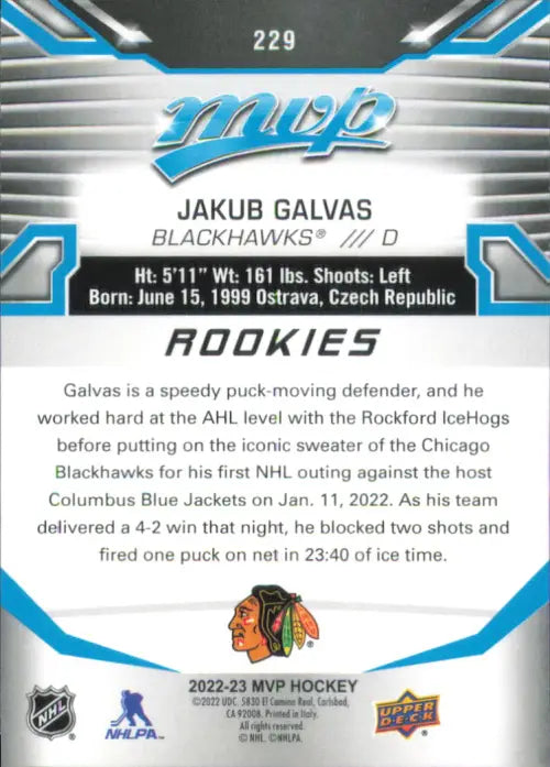 2022-23 Upper Deck MVP #229 Jakub Galvas SP Rookie Chicago Blackhawks Card NM-MT