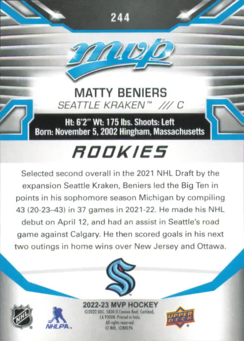 2022-23 Upper Deck MVP #244 Matty Beniers SP Rookie Seattle Kraken Hockey NM-MT