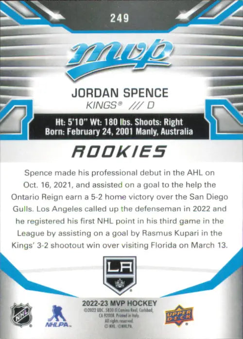 2022-23 Upper Deck MVP #249 Jordan Spence SP Rookie Los Angeles Kings Card NM-MT