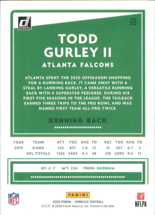 Green and white Todd Gurley II Atlanta Falcons trading card from 2020 Donruss