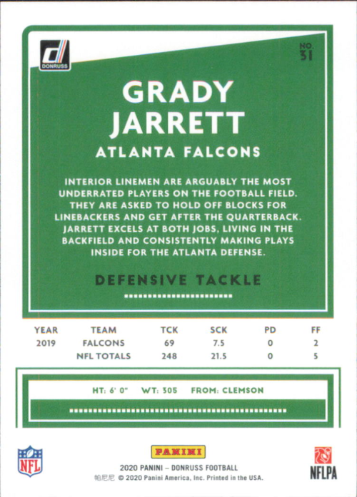 Green Grady Jarrett NFL Card showcasing Atlanta Falcons stats and biography