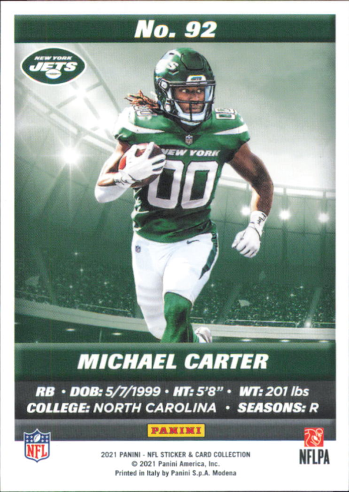 2021 Panini Stickers Cards #92 Michael Carter Rookie New York Jets NFL NM-MT