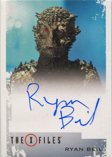 Reptilian humanoid with scaly skin and red eyes on Ryan Beil X-Files autograph card