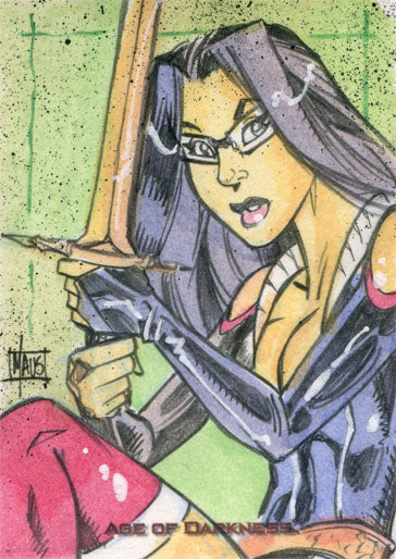 Colorful sketch card of anime-style female character with purple hair and glasses