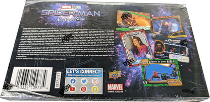 Spider-Man No Way Home Trading Card Box showcasing scenes and characters for home trading cards