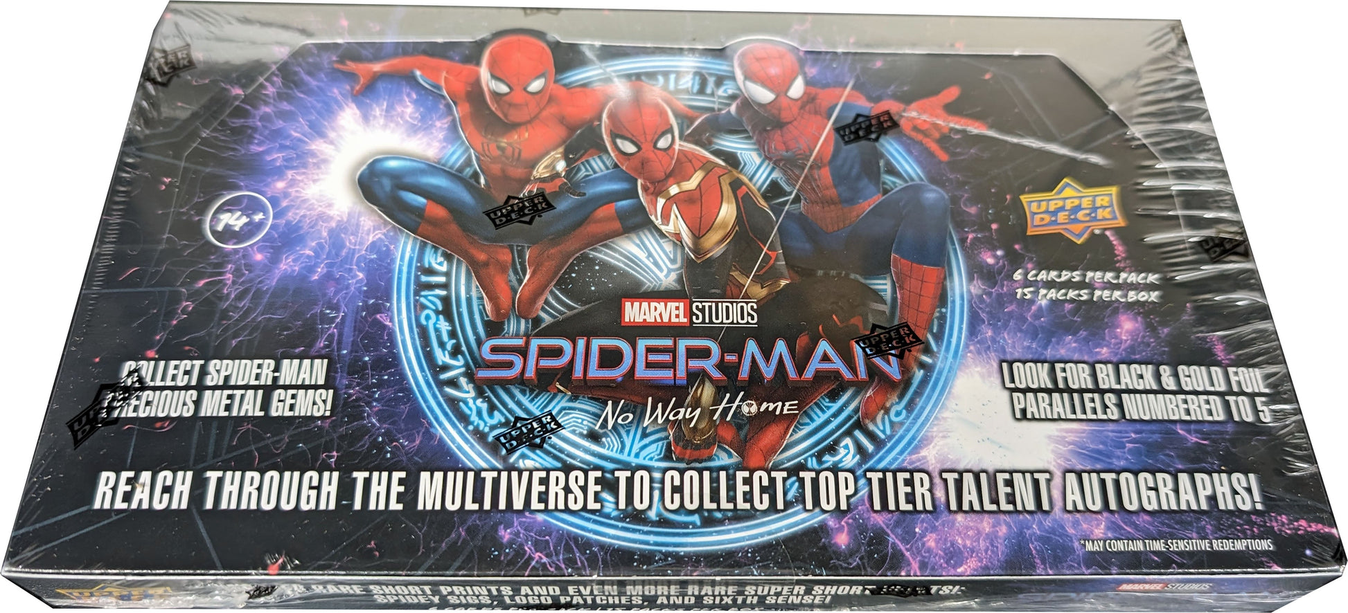 Sealed trading card box featuring Spider-Man No Way Home trading cards artwork