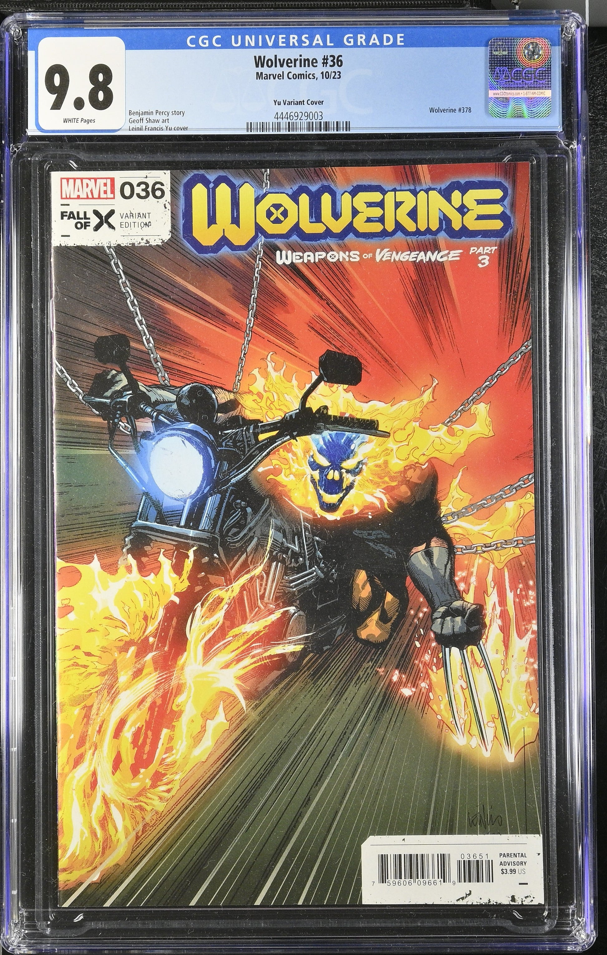 Wolverine 36 Graded CGC 9.8 cover with Wolverine on motorcycle in flames, Leinil Yu Variant