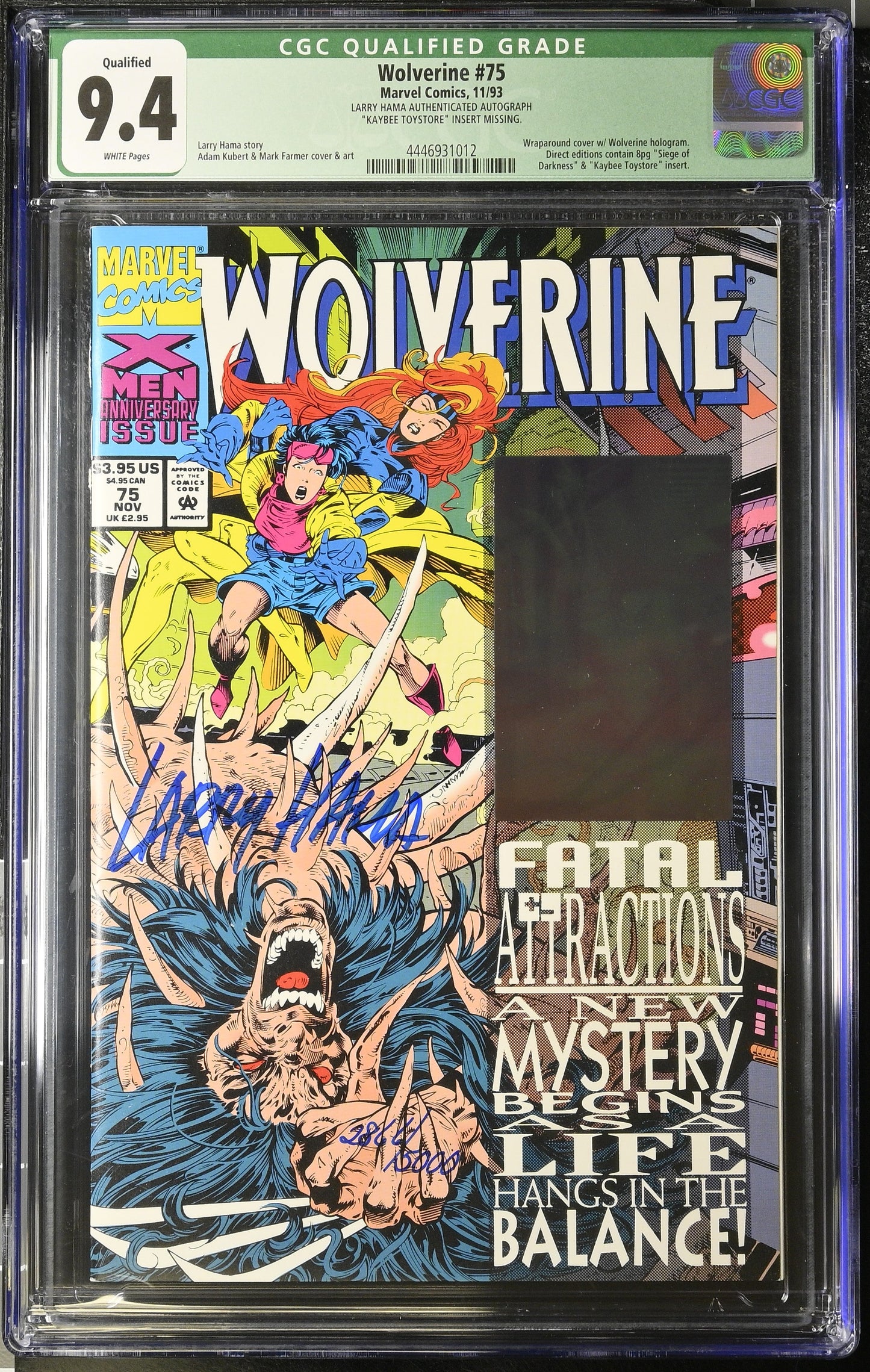 CGC graded 9.4 Wolverine #75 comic signed by Larry Hama in protective slab